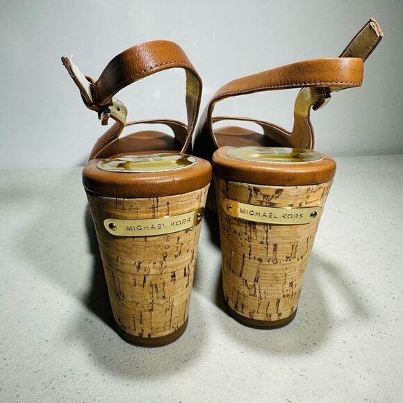 Michael Kors Women's Size 8M Tan Sling Wedge Cork Open Toe  Leather Sandals - Picture 3 of 6